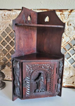 Antique Black Forest Carved Wood Religious Figural Cabinet Shelf Shelves Lion
