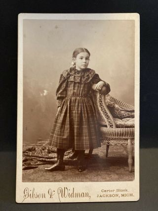 Antique Cabinet Card Photo Girl In Plaid Dress And Boots Jackson Michigan 1890s