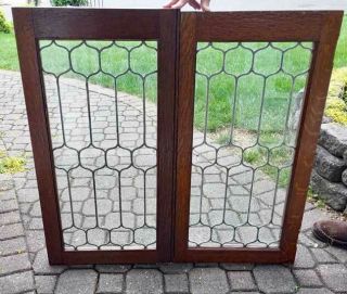 Antique Leaded Glass Cabinet Doors Oak Frames (b)