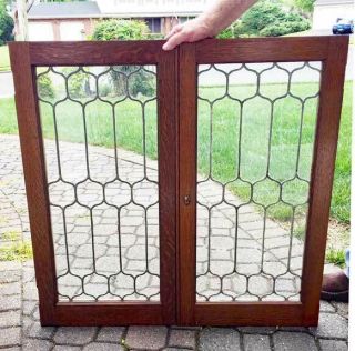 Antique Leaded Glass Cabinet Doors Oak Frames (c)