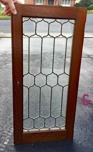 Antique Leaded Glass Cabinet Door Oak Frames (g)