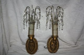 Vintage Matched Pair Brass Floral Pattern Wall Sconces - Waterfall Crystal Shades