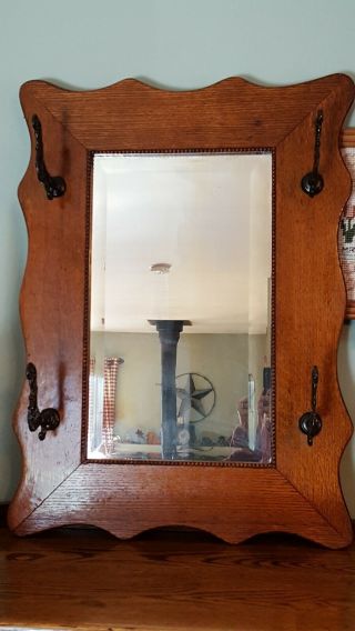 Victorian Antique Oak Beveled Glass Mirror Wall Hall Tree Ornate Hooks Hat Rack