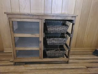Antique Primitive Pie Safe With Wicker - Weave Baskets | 36 " X16 " X37 " | Solid Pecan