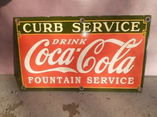 C.  1950s Vintage Drink Coca Cola Sign Porcelain Soda Fountain Curb Serv.