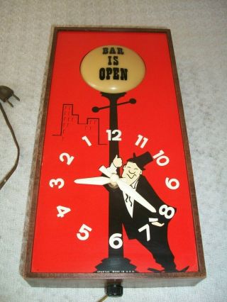 Vintage Spartus Reverse Clock W/drunk Man Lighted Bar Is Open Sign Rare