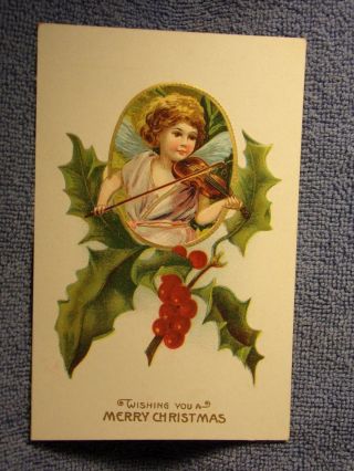 Vintage Postcard Wishing You A Merry Christmas,  Girl Playing Fiddle