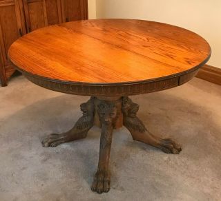 Antique Round Oak Dining Table 47 " Lion Head Paw Claw Foot With Leaf