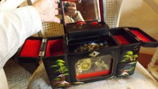 Vintage Black Lacquer Japanese Musical Jewelry Box,  With Rickshaw And Lights
