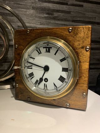 Large Vintage Marine Or Ships Clock,  In Oak Case,  Perfect