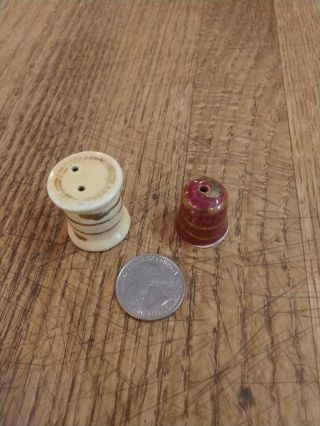 Vintage Arcadia Miniature Spool Of Thread & Thimble Salt & Pepper Set