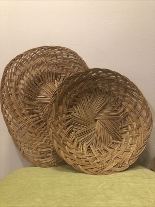 Set Of 2 Vintage Woven Wicker Rattan Reed Basket And Tray Platter Wall Hanging