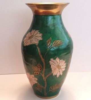Vintage Chinese Cloisonne Vase Green Floral Flowers Brass Painted Enamel Daisy