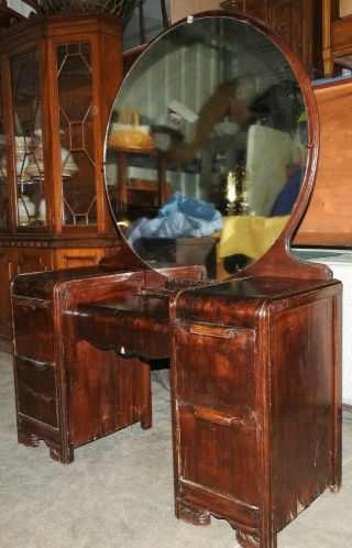 Antique Waterfall Makeup Vanity 4 Drawer Dresser With Detachable Rounded Mirror