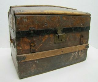 Antique Small Humpback Dome Top Trunk Tin Over Wood Leather Straps Int Drawer B