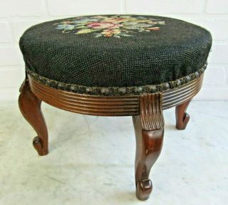 Vintage Needlepoint Victorian Foot Stool Rest Antique Tapestry Ottoman Floral
