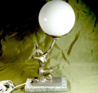 Vintage 1930 Art Deco Nude Lady Lamp Spelter & Marble Statue Figure Erotic Light