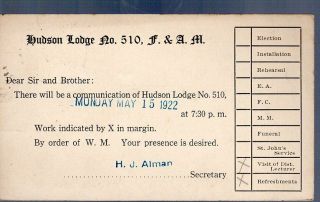Vintage Advertising Postcard Hudson Lodge No.  510 F.  & A.  M.  Hudson,  Ohio 1922