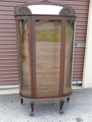 Antique Oak Curved Glass China Cabinet / Carved Mirrored Top (3 - 20)