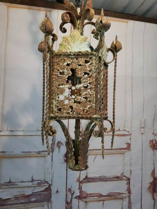 Vintage French Ornate Arts Crafts Gothic Wrought Iron Hanging Lantern Light Lamp 2