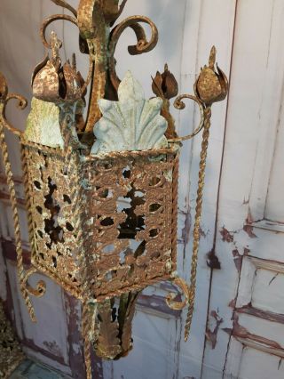 Vintage French Ornate Arts Crafts Gothic Wrought Iron Hanging Lantern Light Lamp 3