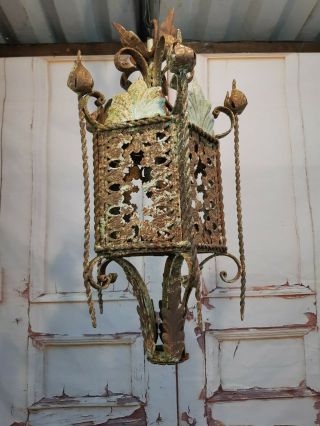 Vintage French Ornate Arts Crafts Gothic Wrought Iron Hanging Lantern Light Lamp 5