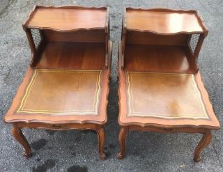 2 Antique Queen Anne Leather Top Step End Tables,  Two Tier Nightstands - Rare