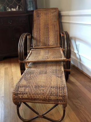 Antique Vintage Mid - Century Modern Bentwood Rattan Lounge Chair Attached Ottoman