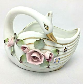 Vintage Napco National Potteries Co Ceramic Swan Roses Candy Dish Made In Japan