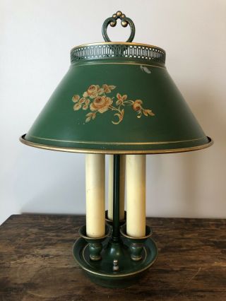 Vintage Tole Lamp Metal 3 Light Table Green Gold Vtg Antique