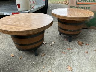 Vintage 70’s Pair Mid Century Modern Half Whiskey Barrel End Tables Side 24” W
