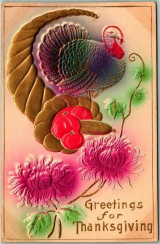 Vintage " Greetings For Thanksgiving " Postcard Air - Brushed Turkey / Flowers 1910s