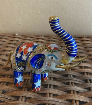 Brass Red,  Blue & White Enamel Cloisonne Elephant 4” Tall Standing Trunk Up