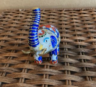 Brass Red,  Blue & White Enamel Cloisonne Elephant 4” Tall Standing trunk up 2