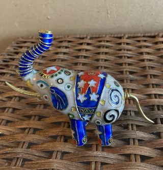Brass Red,  Blue & White Enamel Cloisonne Elephant 4” Tall Standing trunk up 3