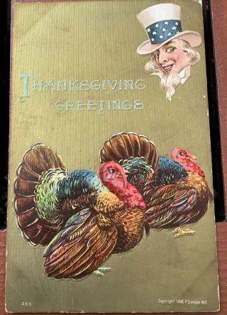 Vintage Thanksgiving Day Postcard Uncle Sam Turkey Gold Embossed 1908