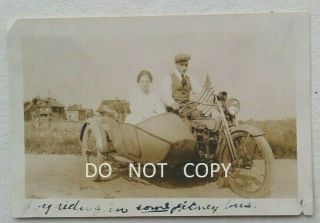 1915 Photo.  Man Lady On Harley Davidson Motorcycle With Sidecar American Flag