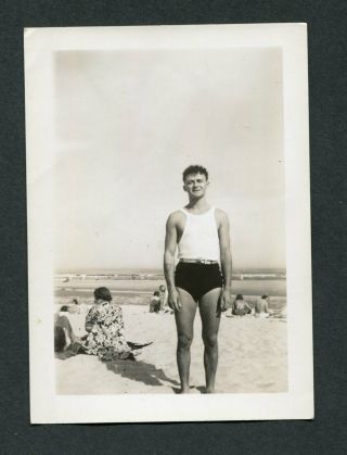 Vintage 1930s Photo Man In Swim Trunks At Beach Gay Interest 443015