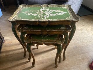 Vintage Gold And Green Italian Florentine Nesting Tables Set Of 3 Made In Italy