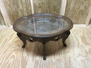 Antique Walnut Eagle Carved Coffee Table W/ Glass Lift Off Tray -