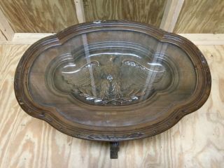 Antique Walnut Eagle Carved Coffee Table w/ Glass lift off tray - 2