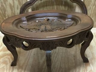 Antique Walnut Eagle Carved Coffee Table w/ Glass lift off tray - 4