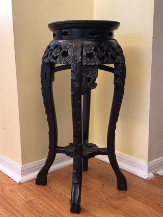 Hand - Carved Chinese Rosewood And Marble Pedestal Table/plant Stand