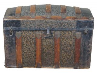Antique Victorian Dome Top Chest Steamer Trunk Embossed Metal & Oak Panel 35 "