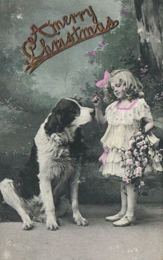 1909 Vintage Pretty Young Girl With Giant Dog Happy Christmas Postcard -