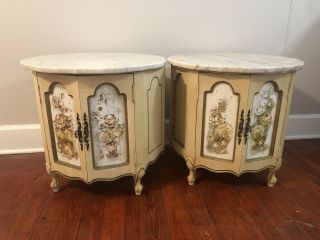 Vintage Pair French Provincial Marble Top Drum Tables Nightstand