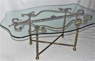 Vintage Spanish Style Gold Wrought Iron Coffee Table Round Beveled Glass Top