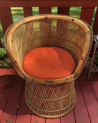 Vintage Woven Rattan Wicker Barrel Back Tub Chair Black Accents
