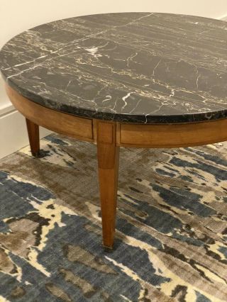 Vintage Mahogany Round Coffee Table Italian Marble Top & Brass Casters