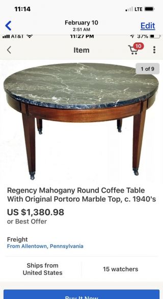 Vintage Mahogany Round Coffee Table Italian Marble Top & Brass Casters 2